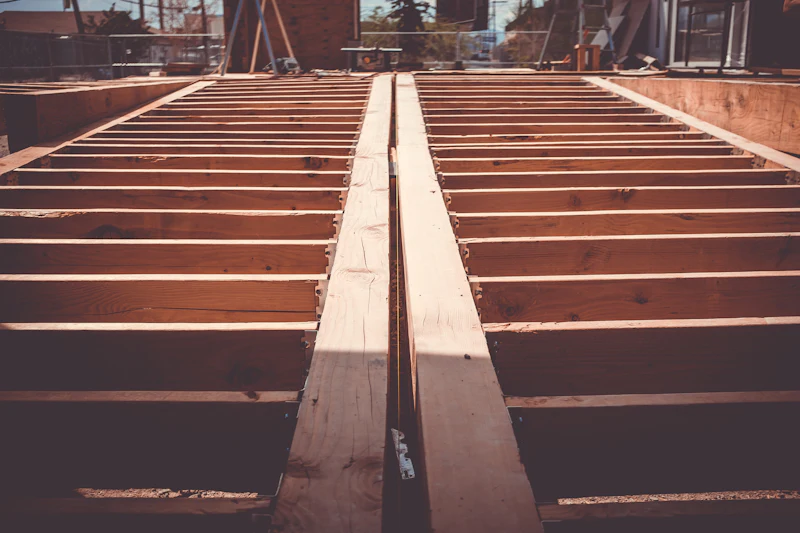 Floor joists of a new house before the subfloor goes down