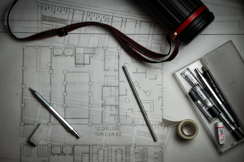 House plans on a drafting table with pencils and a scale