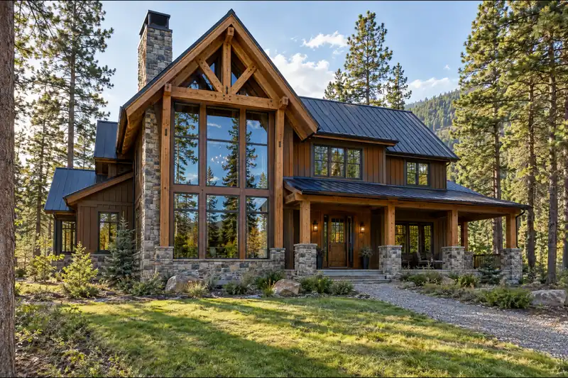 Timber frame lodge with exposed trusses, a glass gable and stone chimney